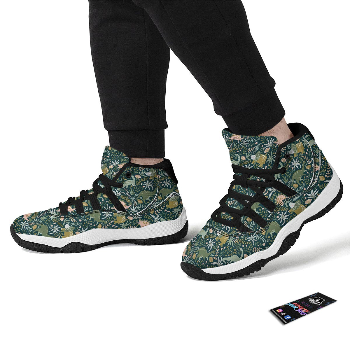 Dino Dinosaur Flower Leaf Pattern Print Black Bball Shoes-grizzshop