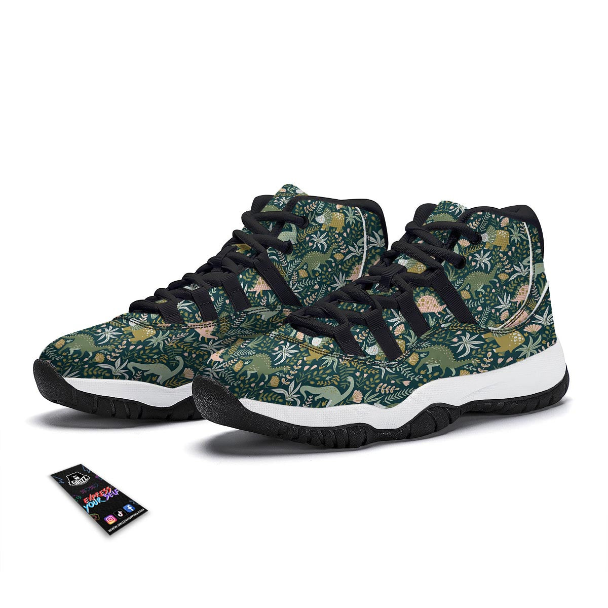 Dino Dinosaur Flower Leaf Pattern Print Black Bball Shoes-grizzshop
