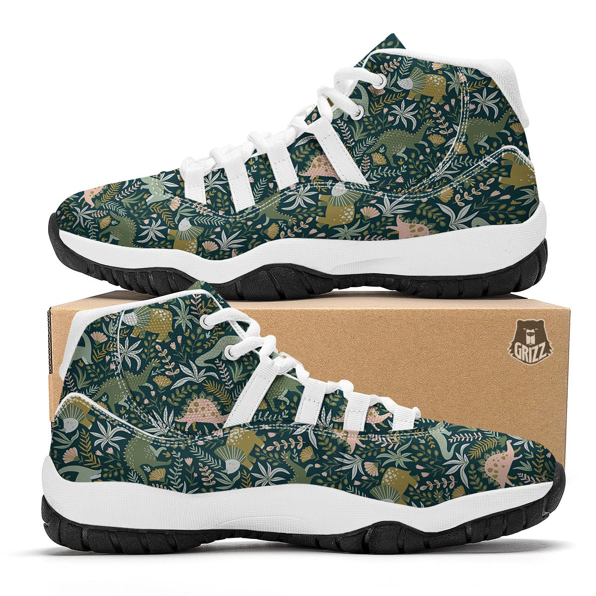 Dino Dinosaur Flower Leaf Pattern Print White Bball Shoes-grizzshop