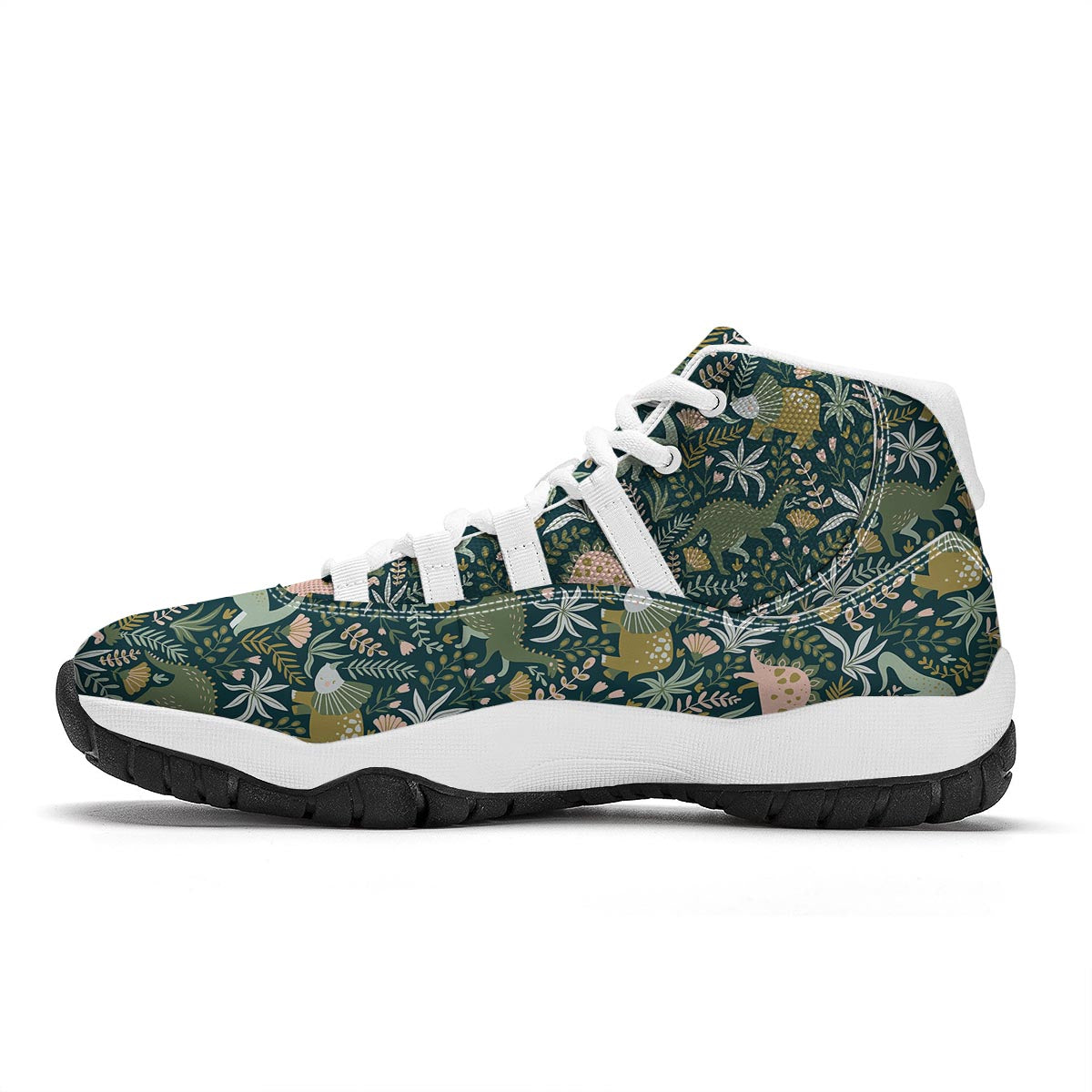 Dino Dinosaur Flower Leaf Pattern Print White Bball Shoes-grizzshop