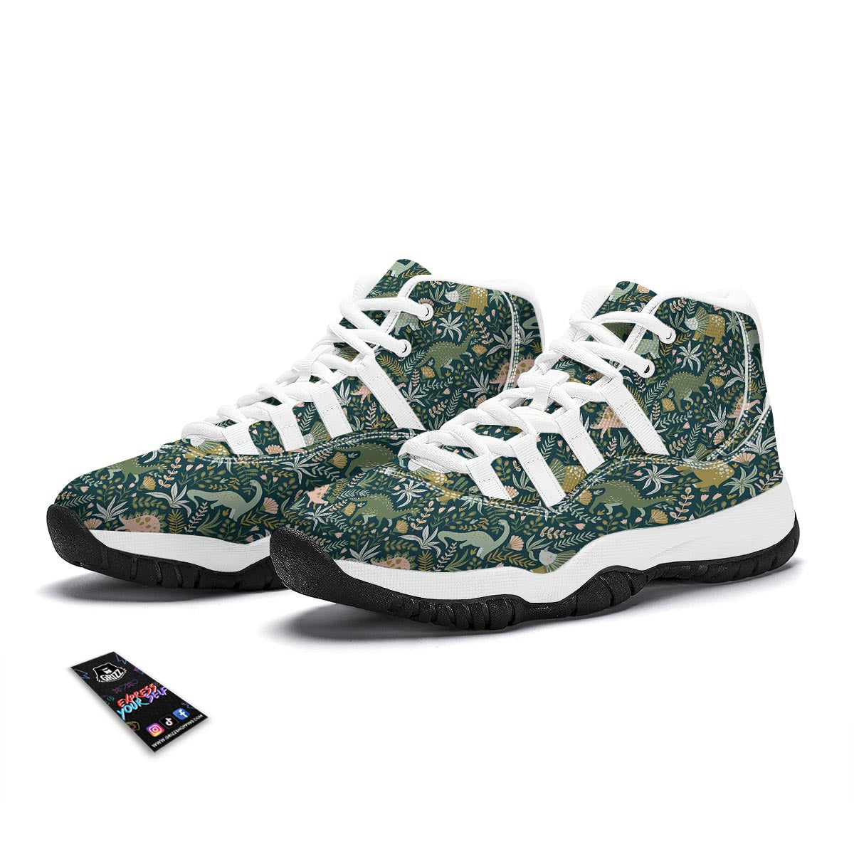 Dino Dinosaur Flower Leaf Pattern Print White Bball Shoes-grizzshop
