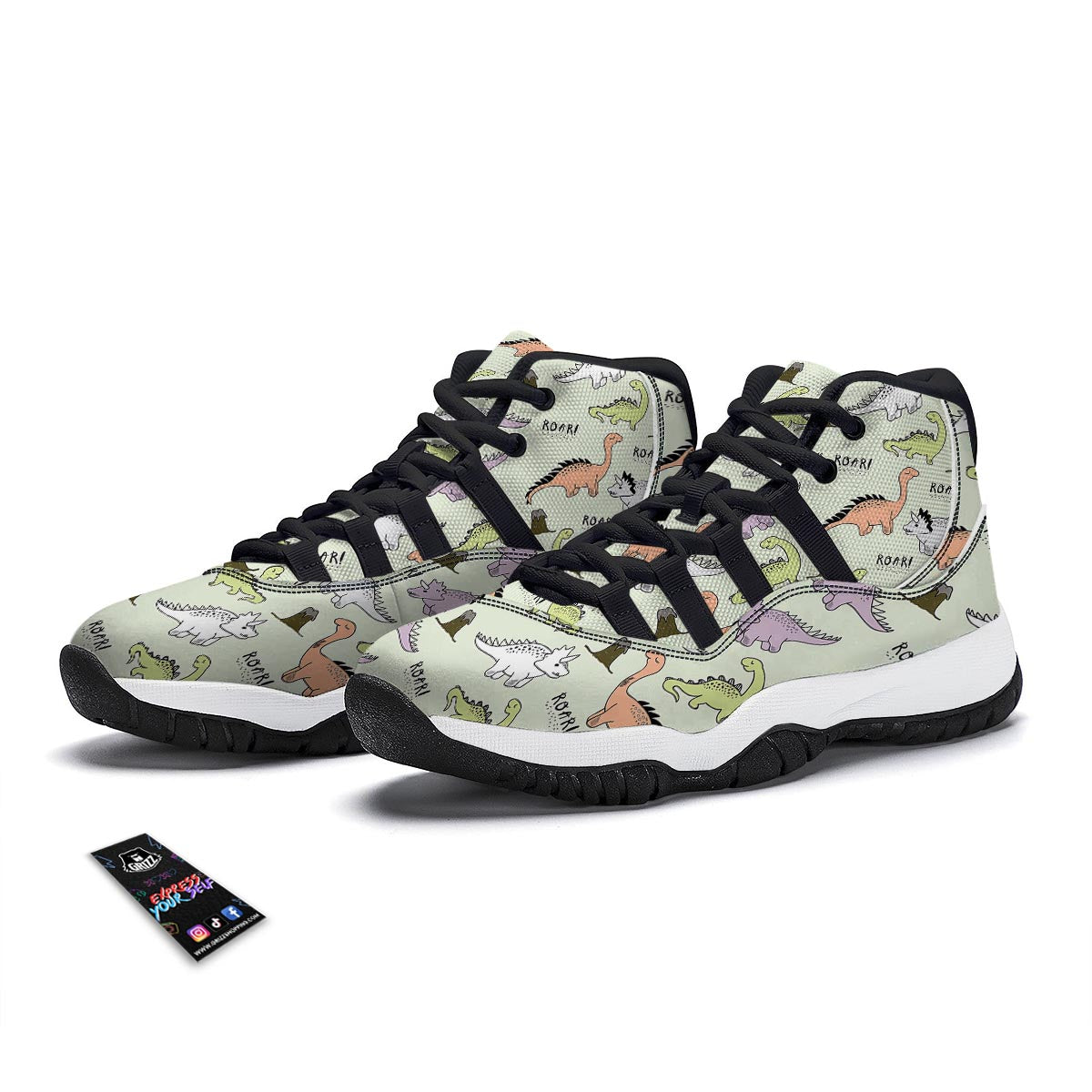 Dino Roar Dinosaur Pattern Print Black Bball Shoes-grizzshop