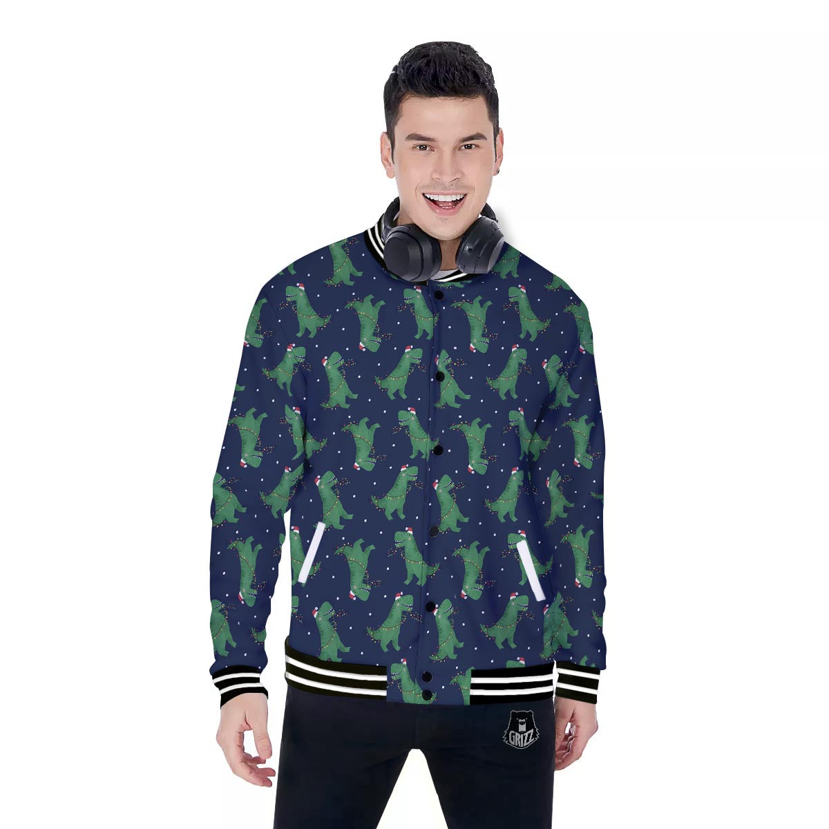 Dino T-Rex Christmas Santa Claus Print Pattern Baseball Jacket-grizzshop