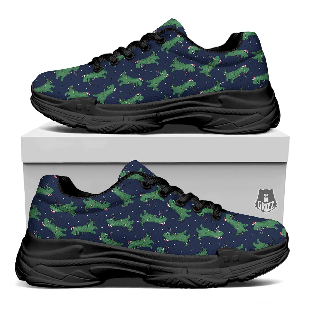 Dino T-Rex Christmas Santa Claus Print Pattern Black Chunky Shoes-grizzshop