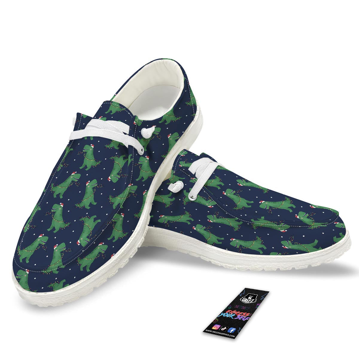Dino T-Rex Christmas Santa Claus Print Pattern Black Loafers-grizzshop