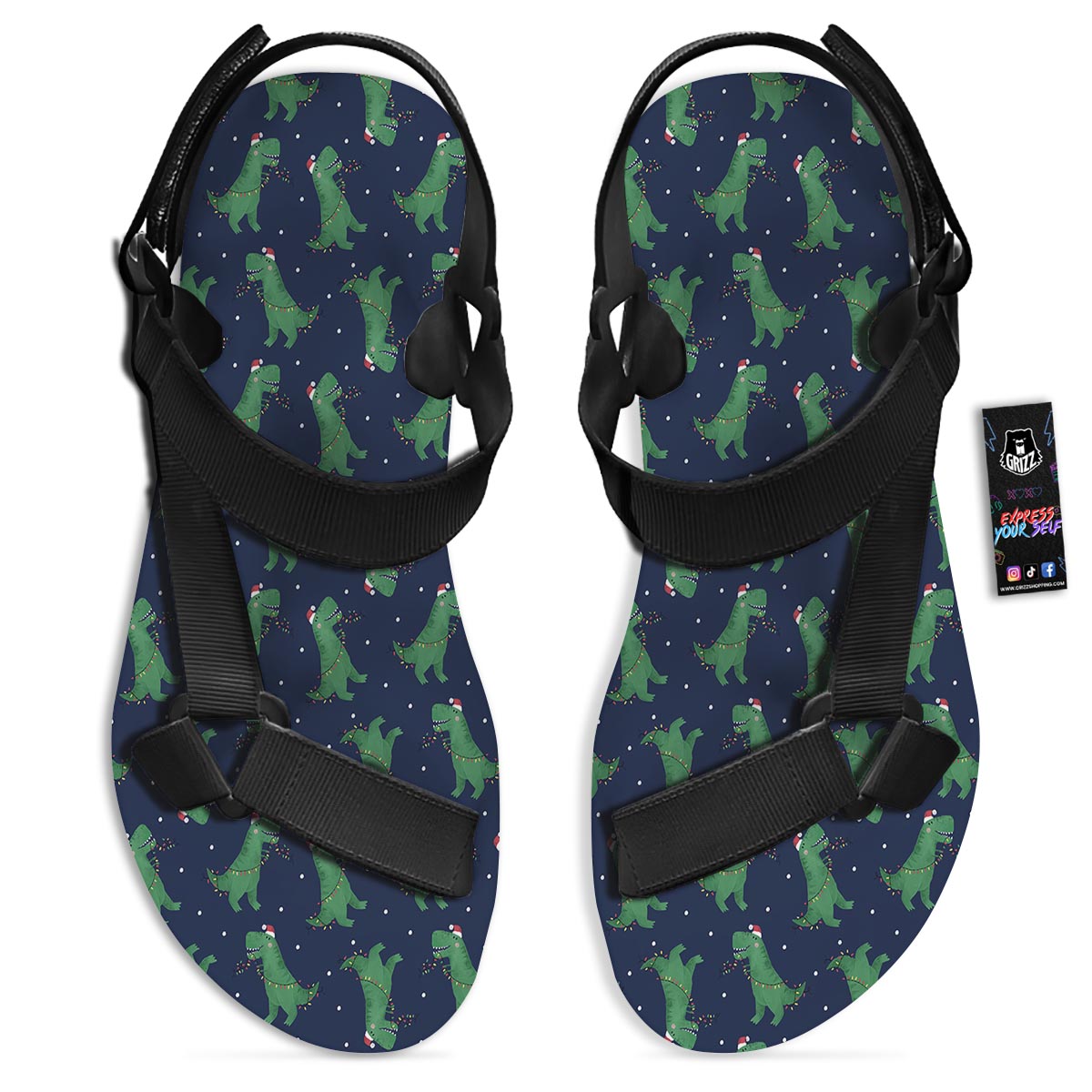 Dino T-Rex Christmas Santa Claus Print Pattern Black Open Toe Sandals-grizzshop