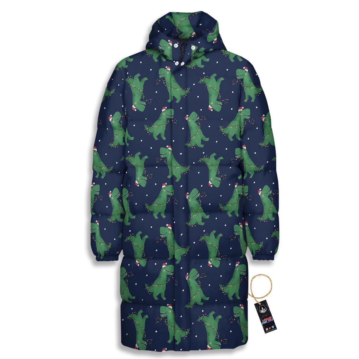 Dino T-Rex Christmas Santa Claus Print Pattern Long Down Jacket-grizzshop