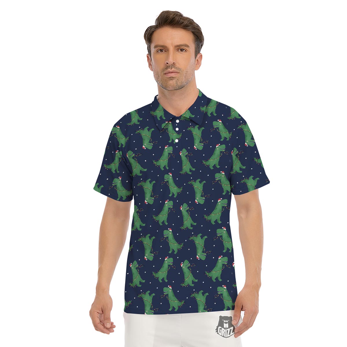 Dino T-Rex Christmas Santa Claus Print Pattern Men's Golf Shirts-grizzshop
