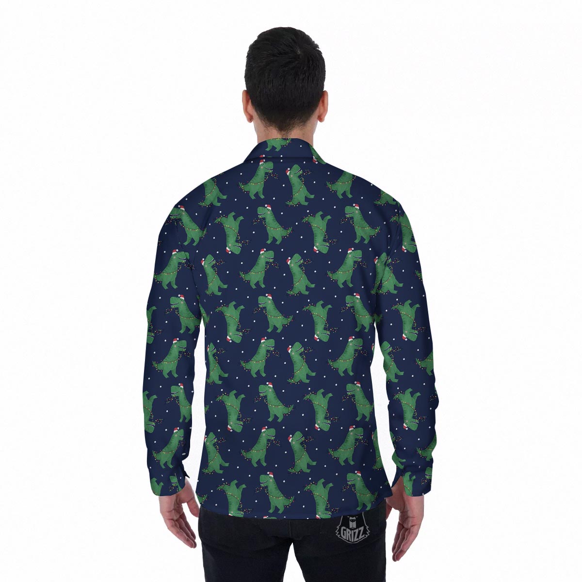 Dino T-Rex Christmas Santa Claus Print Pattern Men's Long Sleeve Shirts-grizzshop