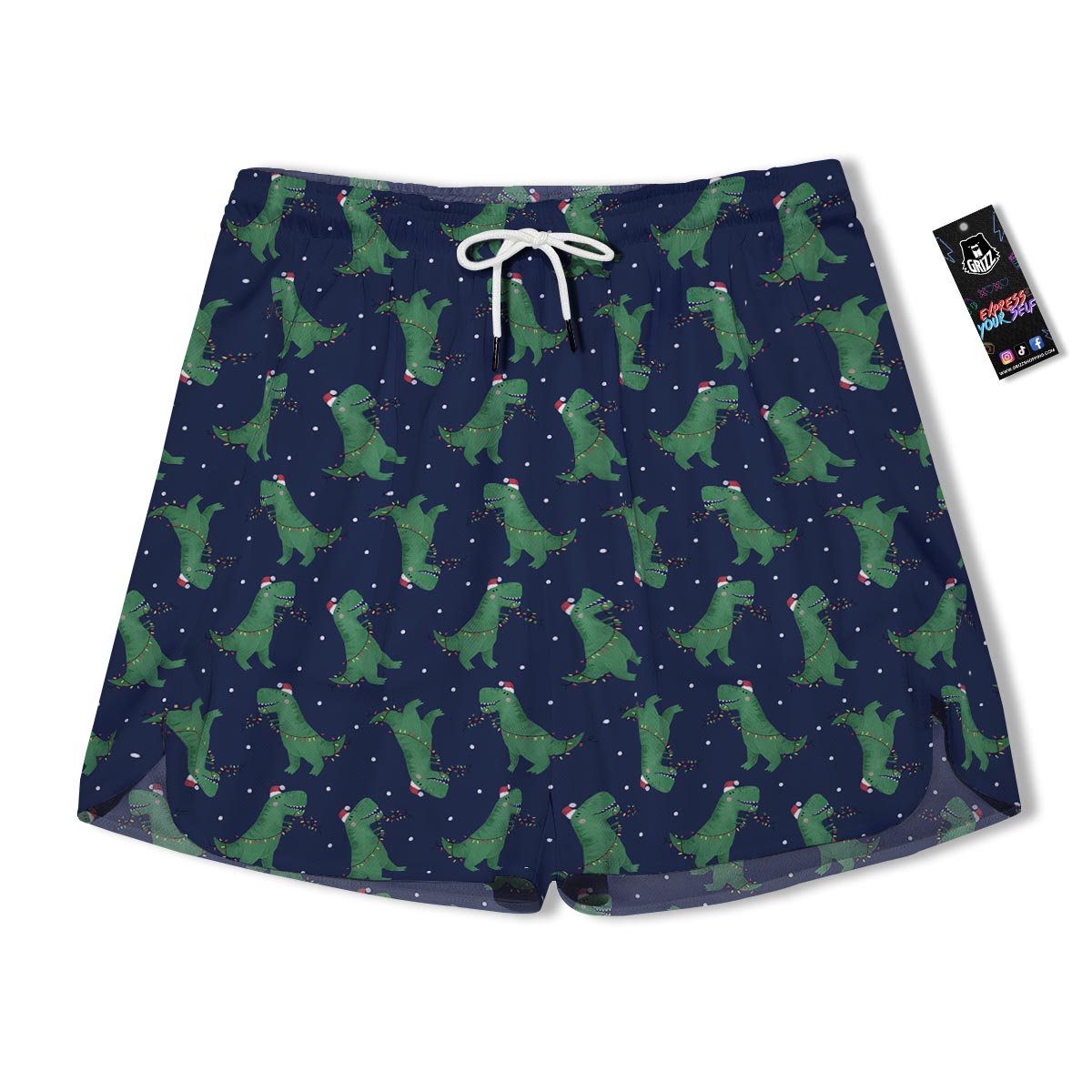 Dino T-Rex Christmas Santa Claus Print Pattern Men's Running Shorts-grizzshop