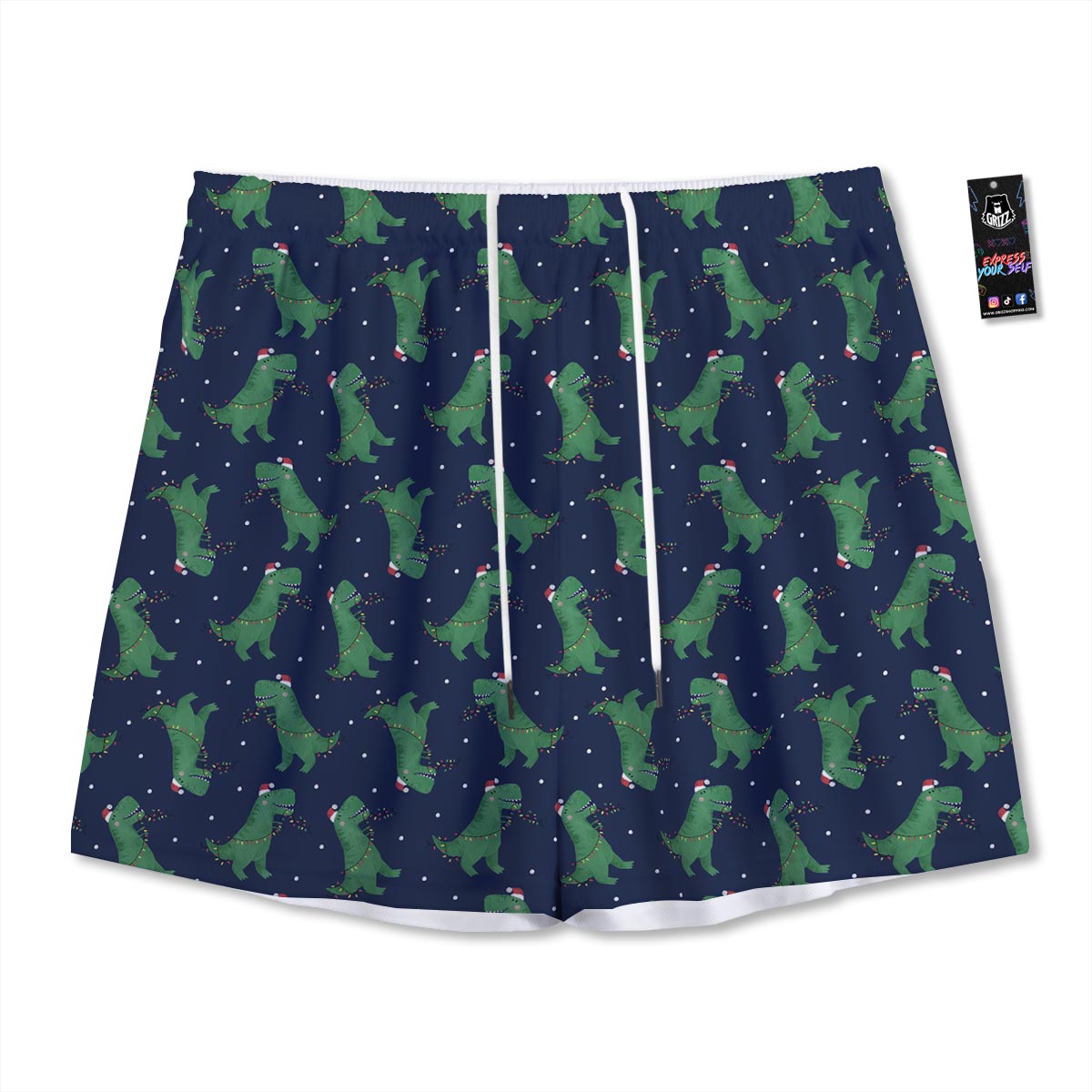 Dino T-Rex Christmas Santa Claus Print Pattern Mesh Shorts