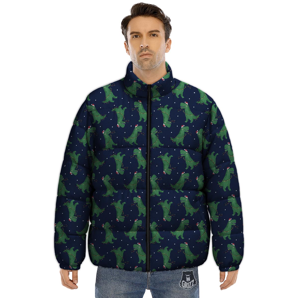 Dino T-Rex Christmas Santa Claus Print Pattern Puffer Jacket-grizzshop