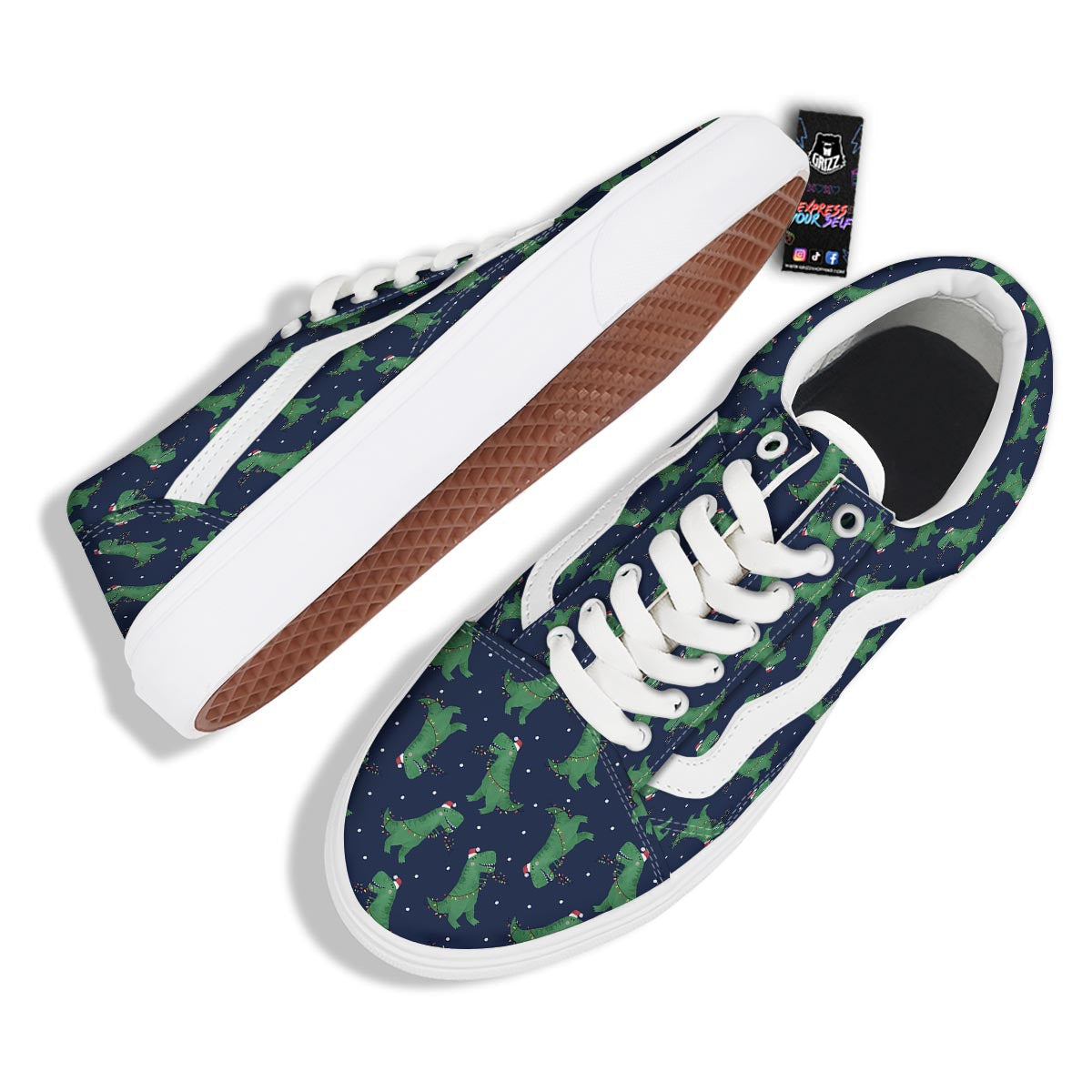 Dino T-Rex Christmas Santa Claus Print Pattern Skate Shoes-grizzshop
