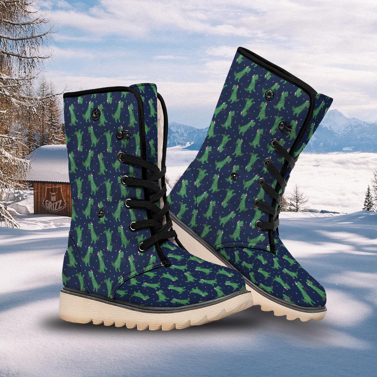 Dino T-Rex Christmas Santa Claus Print Pattern Snow Boots-grizzshop