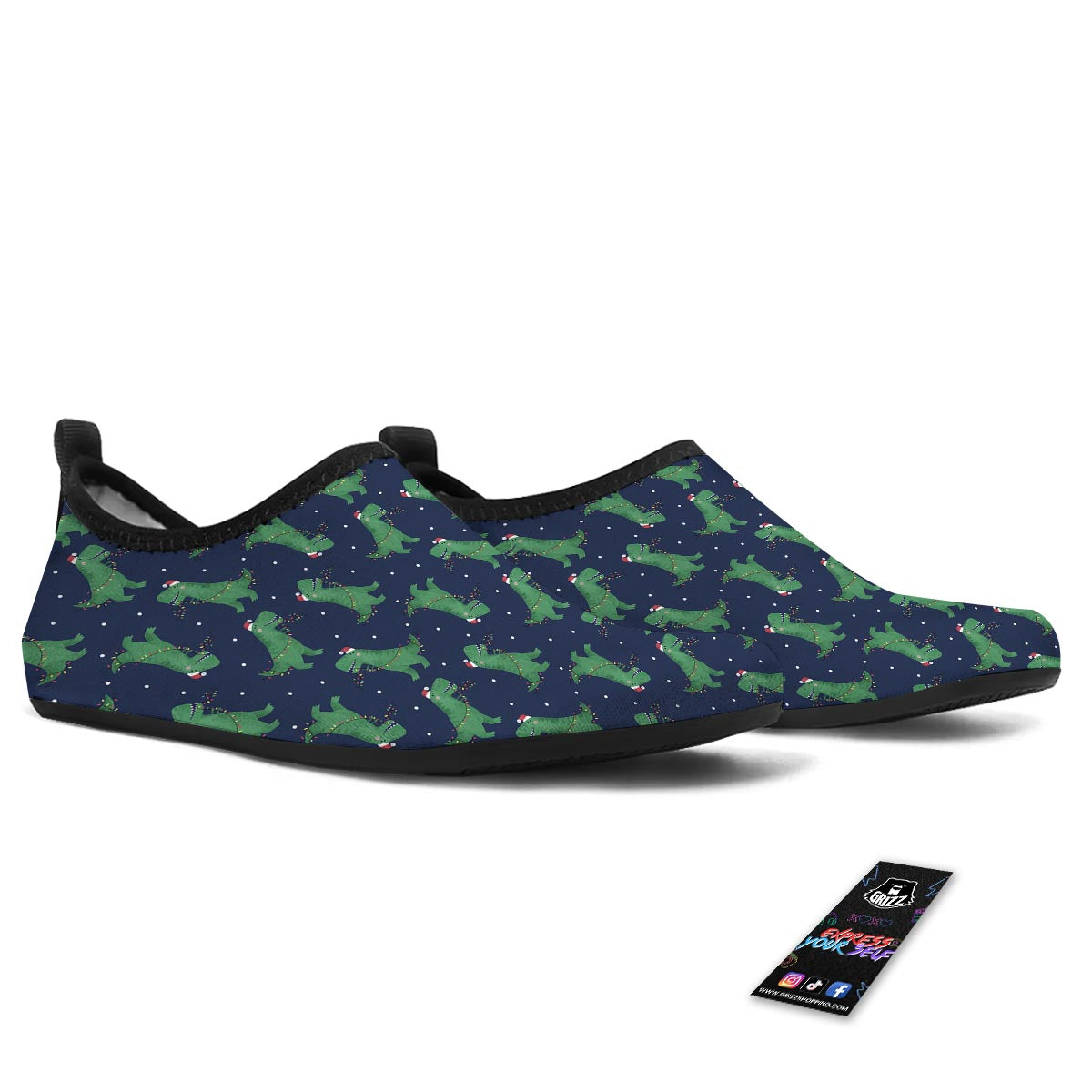 Dino T-Rex Christmas Santa Claus Print Pattern Water Shoes-grizzshop