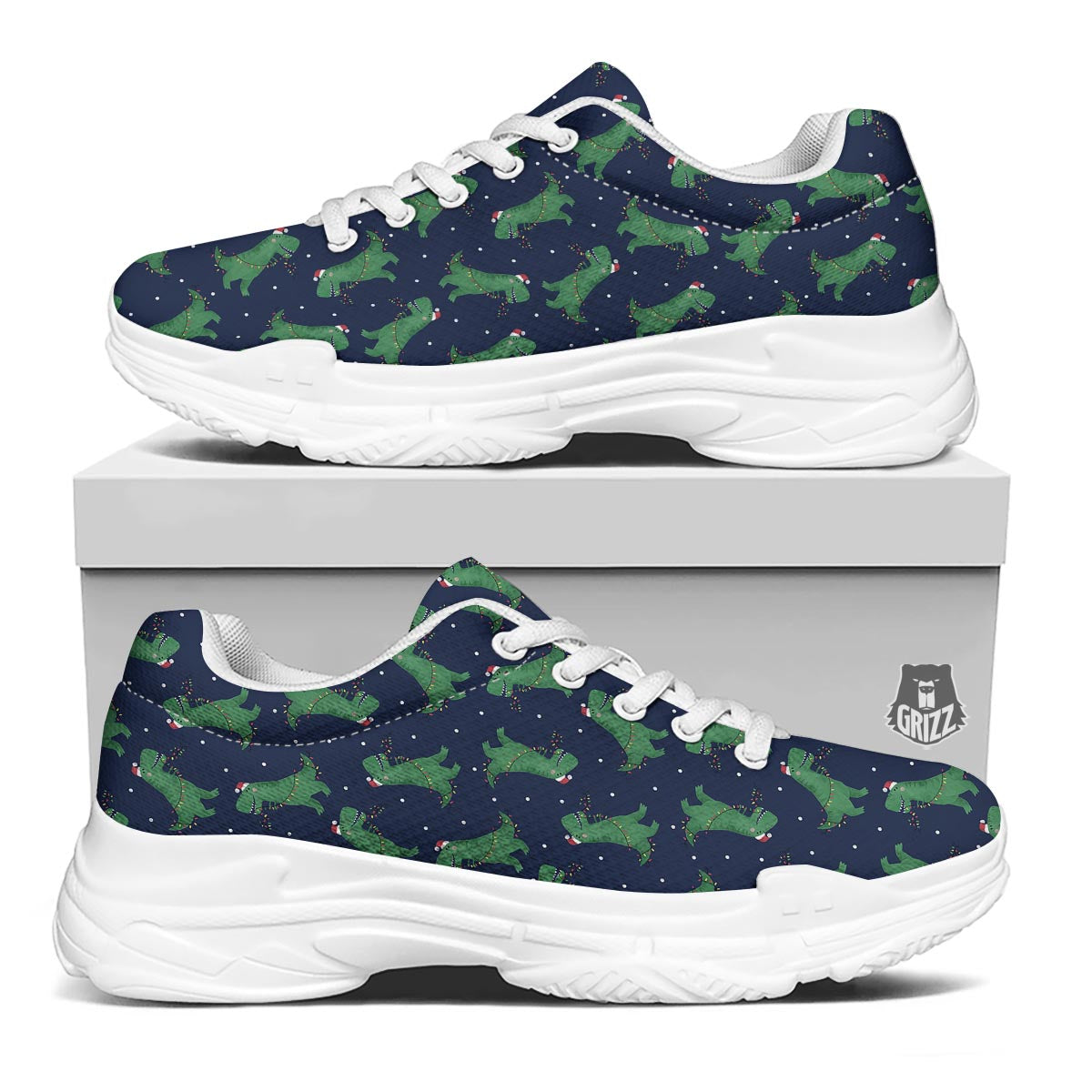 Dino T-Rex Christmas Santa Claus Print Pattern White Chunky Shoes-grizzshop