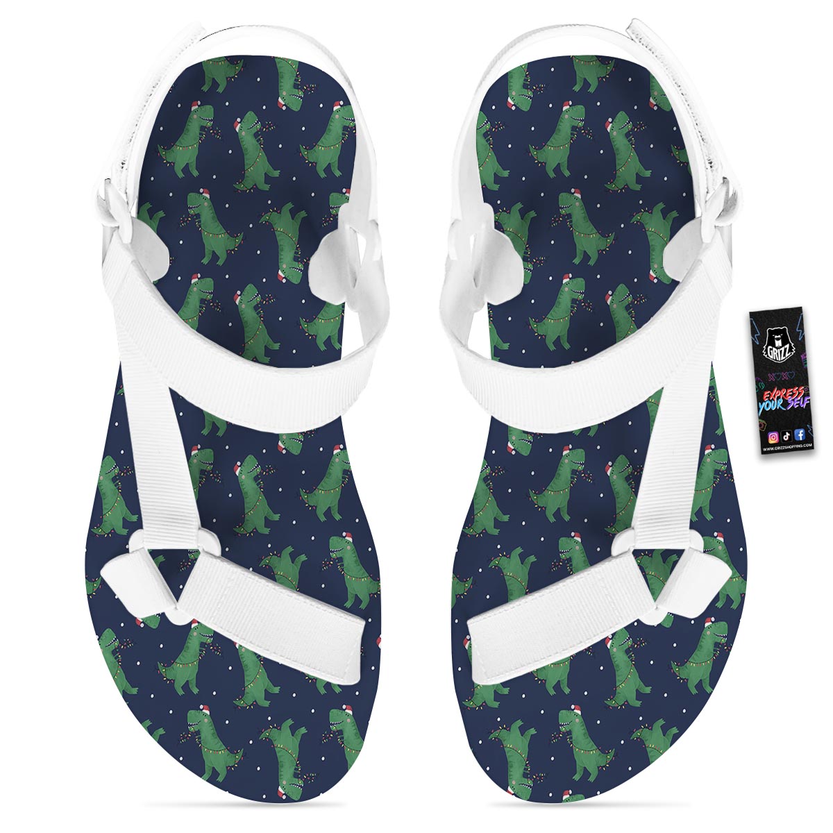 Dino T-Rex Christmas Santa Claus Print Pattern White Open Toe Sandals-grizzshop