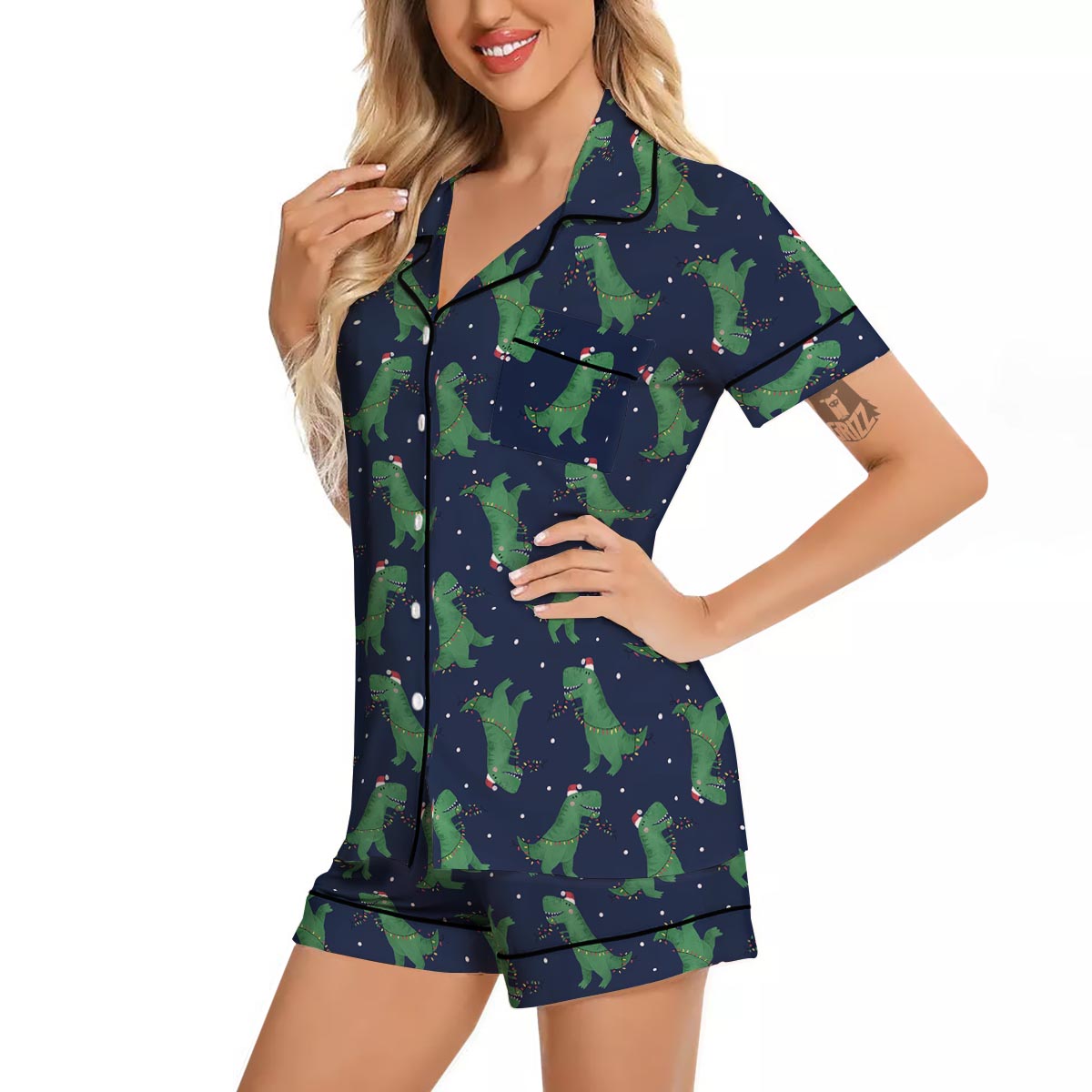 Dino T-Rex Christmas Santa Claus Print Pattern Women Silk Pajamas-grizzshop