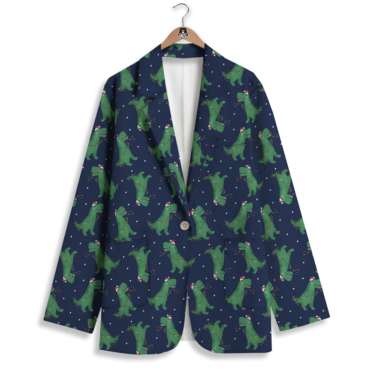 Dino T-Rex Christmas Santa Claus Print Pattern Women's Blazer-grizzshop
