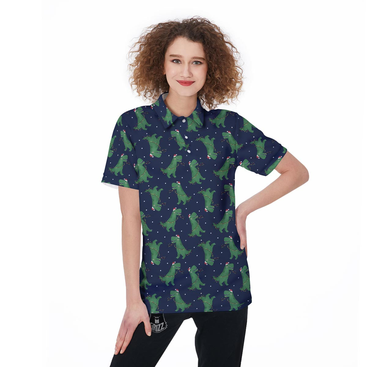 Dino T-Rex Christmas Santa Claus Print Pattern Women's Golf Shirts-grizzshop