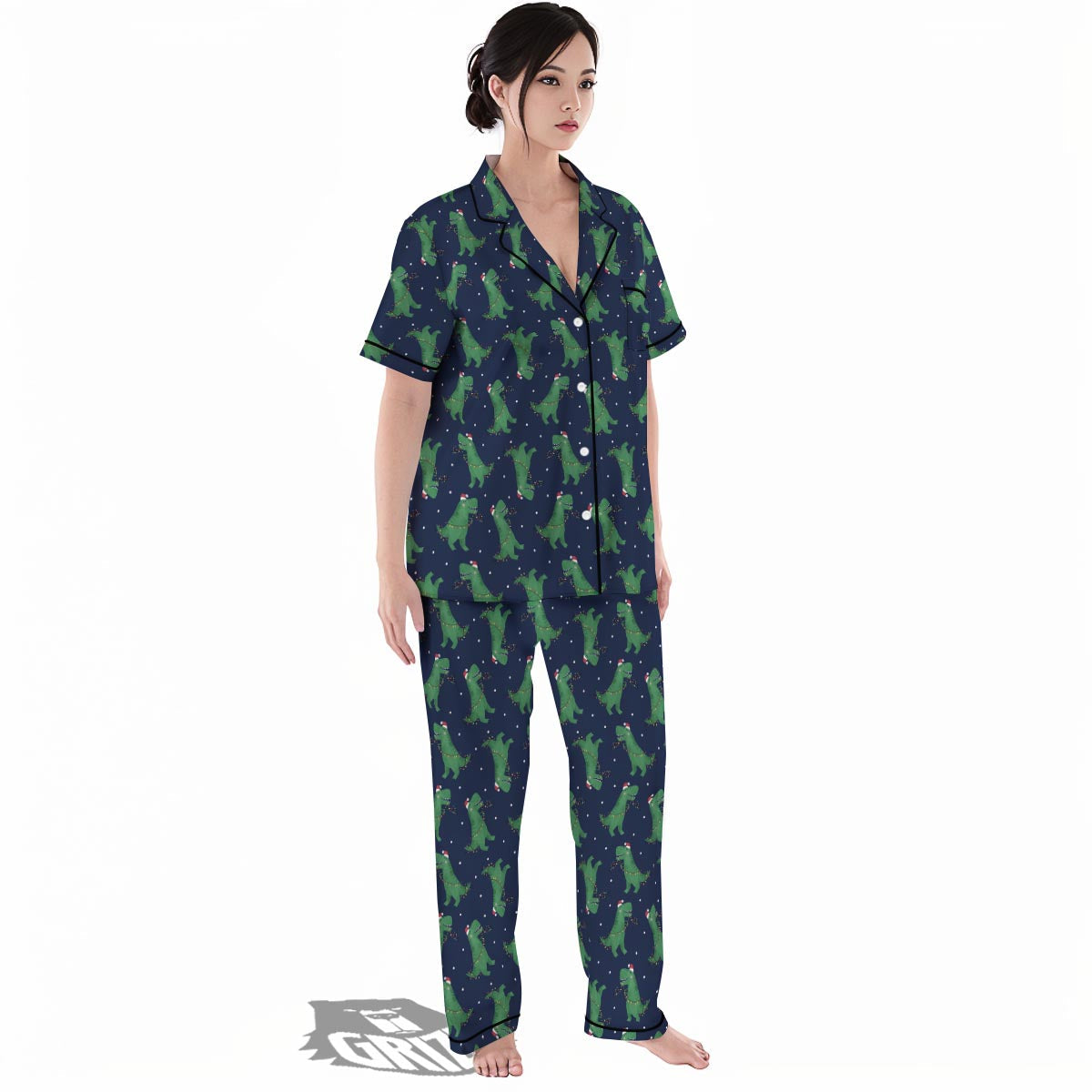 Dino T-Rex Christmas Santa Claus Print Pattern Women's Pajamas Set-grizzshop