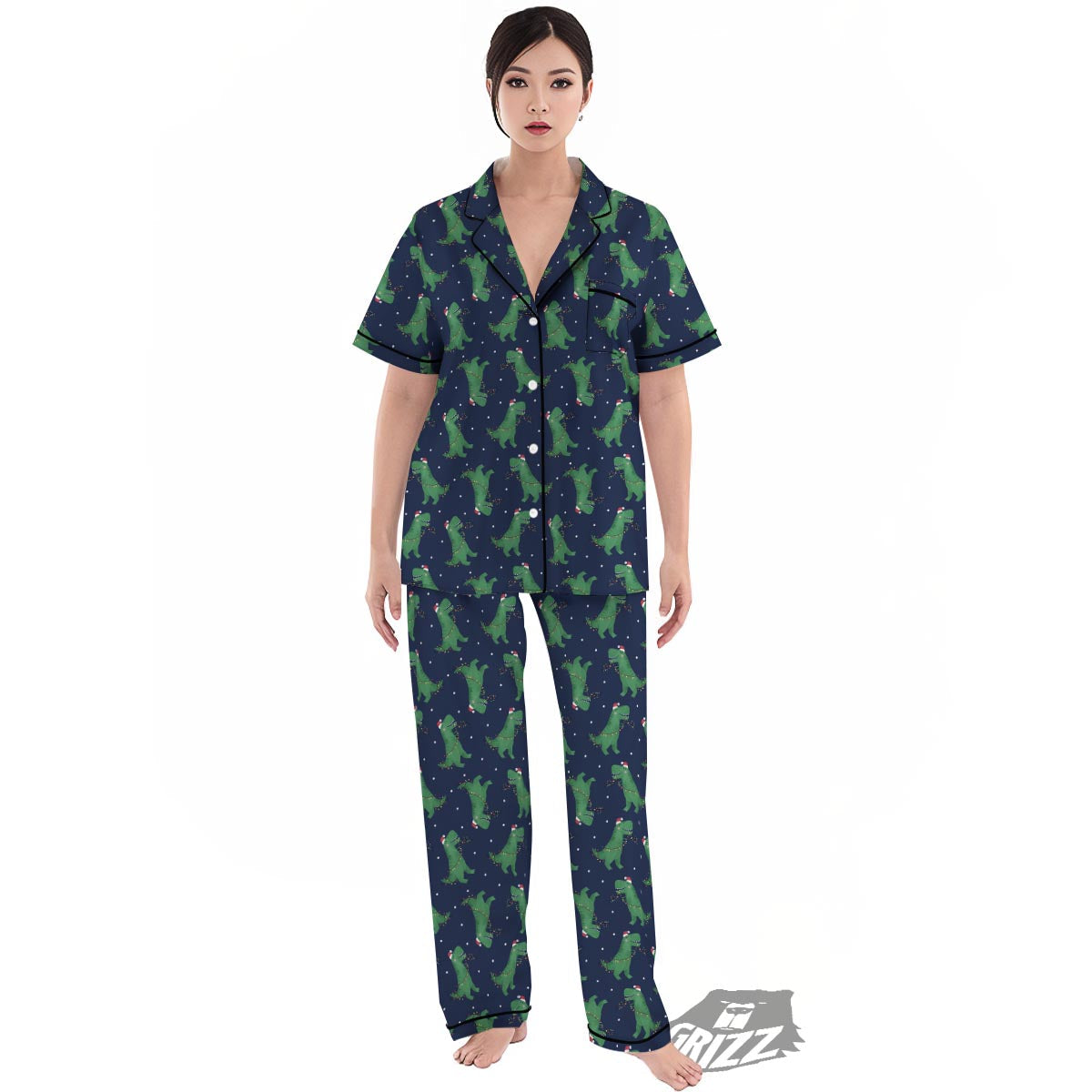 Dino T-Rex Christmas Santa Claus Print Pattern Women's Pajamas Set-grizzshop
