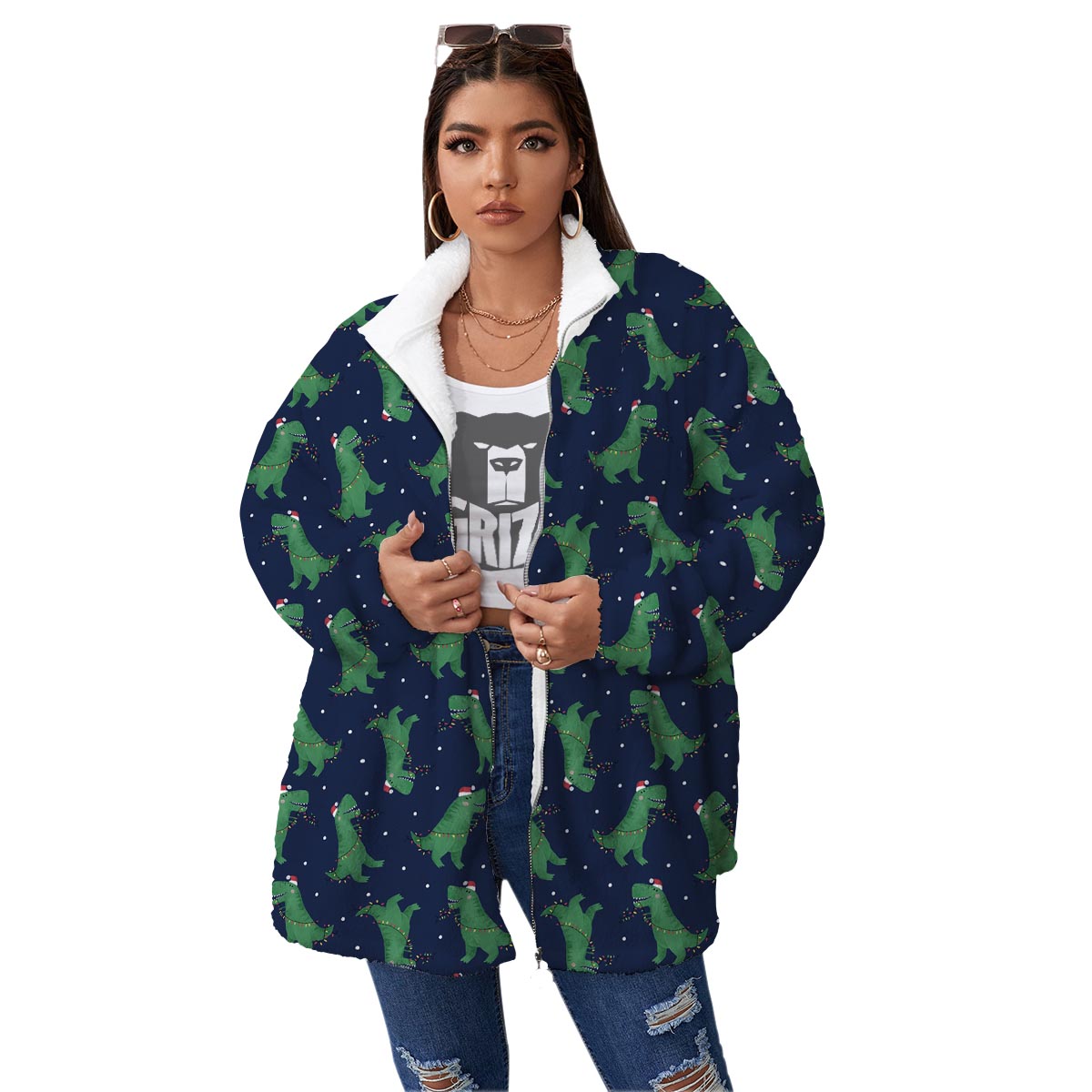 Dino T-Rex Christmas Santa Claus Print Pattern Women's Sherpa Jacket-grizzshop