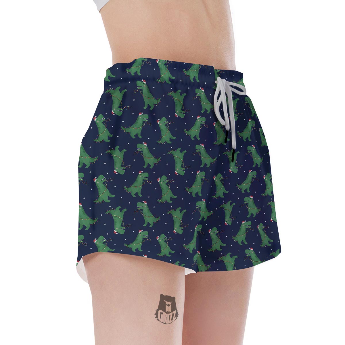 Dino T-Rex Christmas Santa Claus Print Pattern Women's Shorts-grizzshop