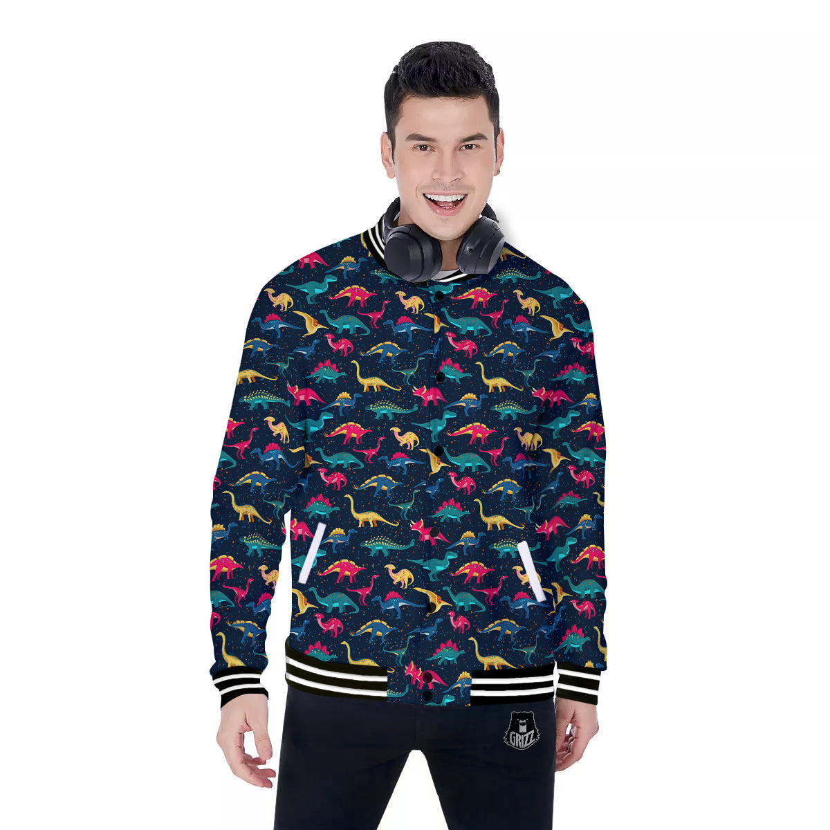 Dinosaur Colorful Print Pattern Baseball Jacket-grizzshop