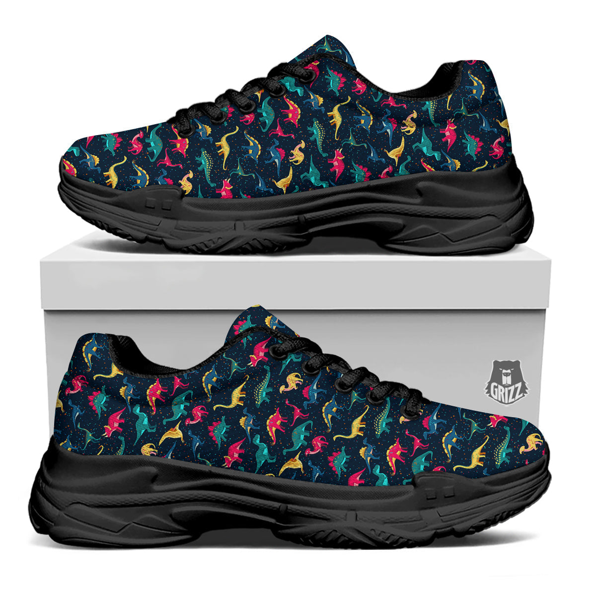 Dinosaur Colorful Print Pattern Black Chunky Shoes-grizzshop