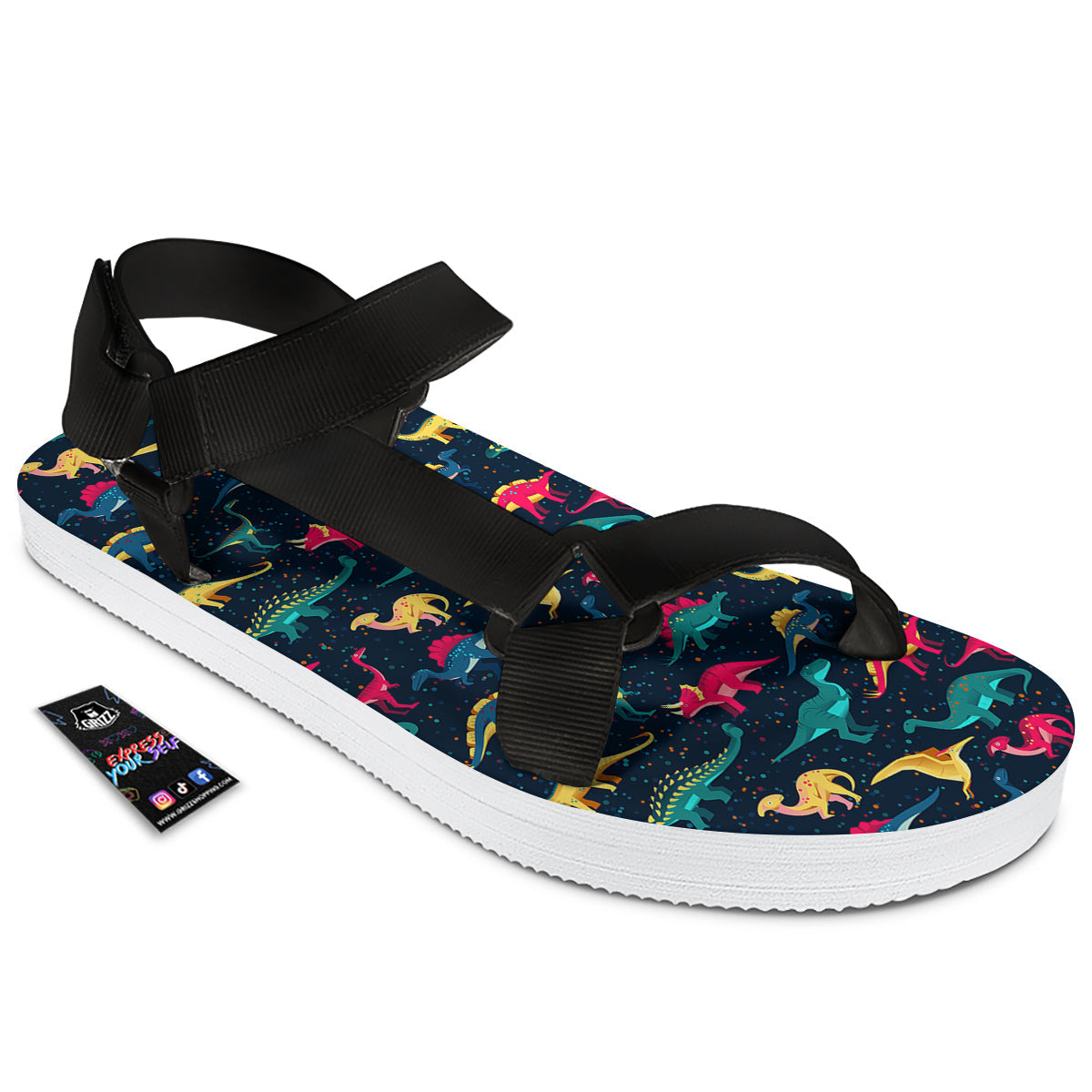 Dinosaur Colorful Print Pattern Black Open Toe Sandals-grizzshop