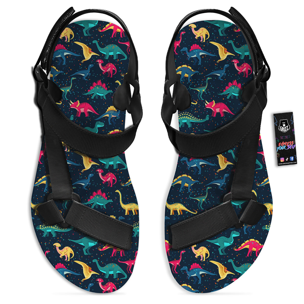 Dinosaur Colorful Print Pattern Black Open Toe Sandals-grizzshop