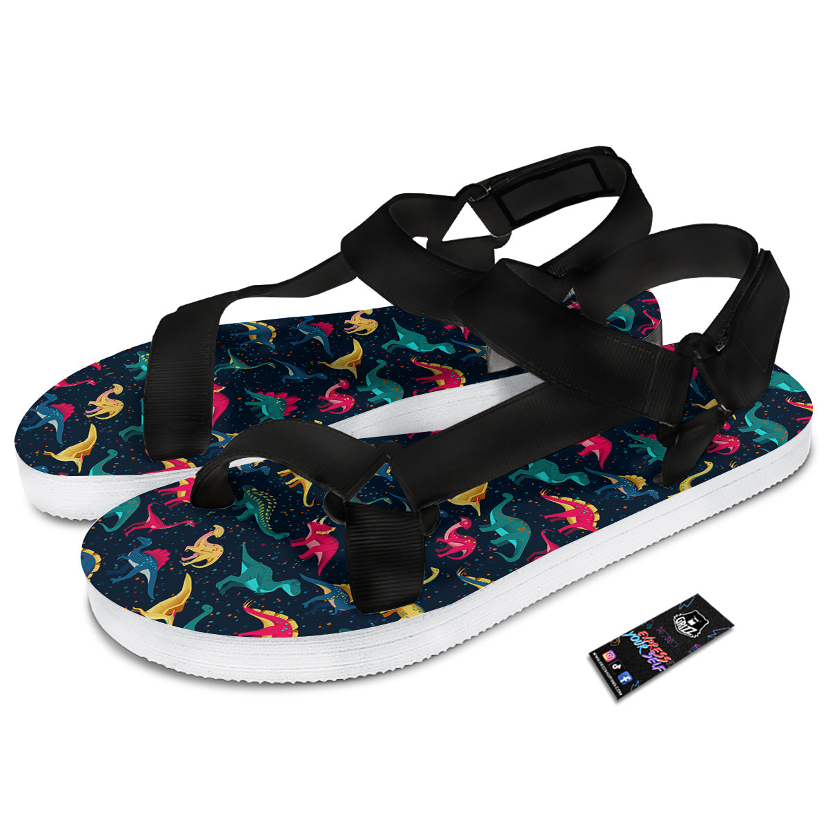 Dinosaur Colorful Print Pattern Black Open Toe Sandals-grizzshop