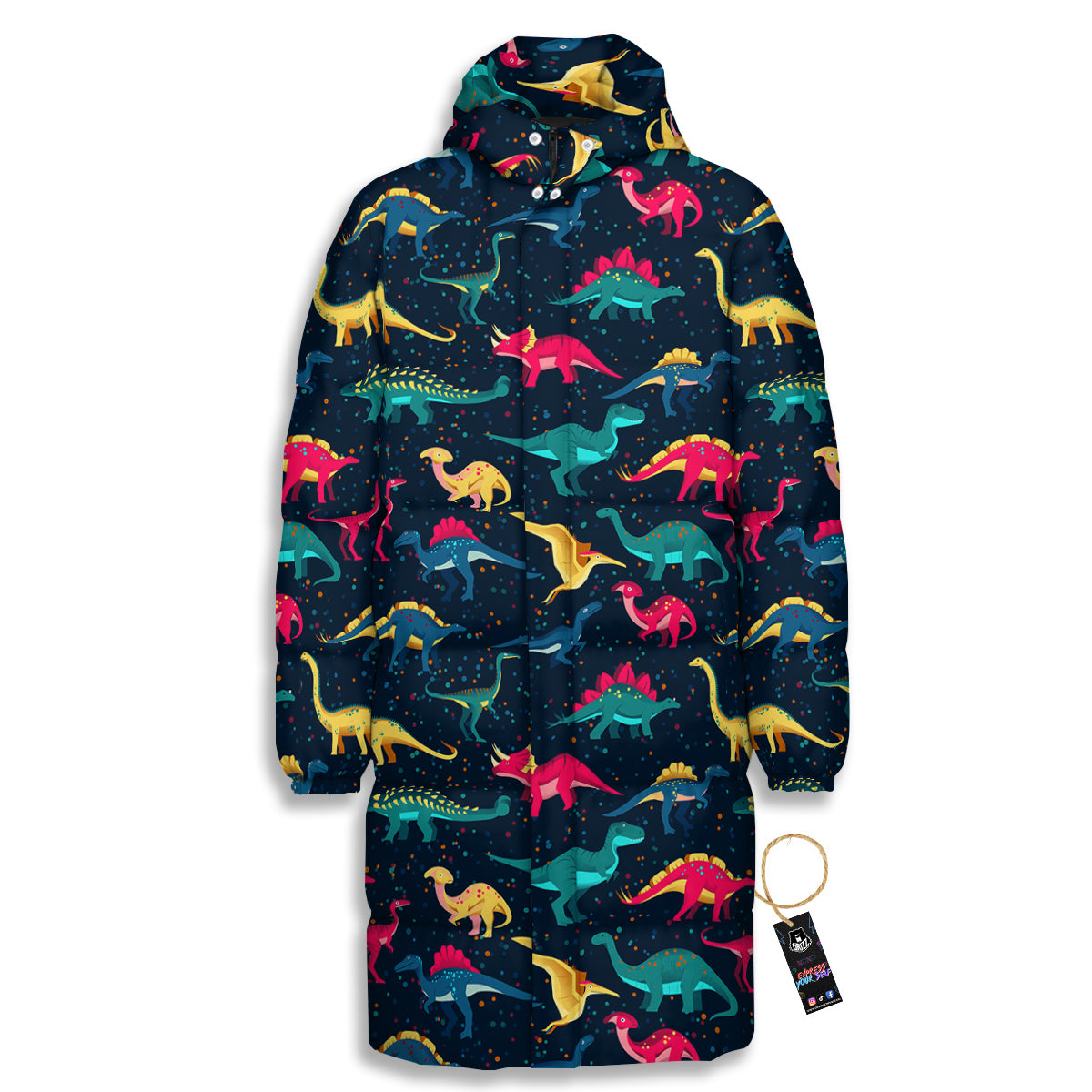 Dinosaur Colorful Print Pattern Long Down Jacket-grizzshop