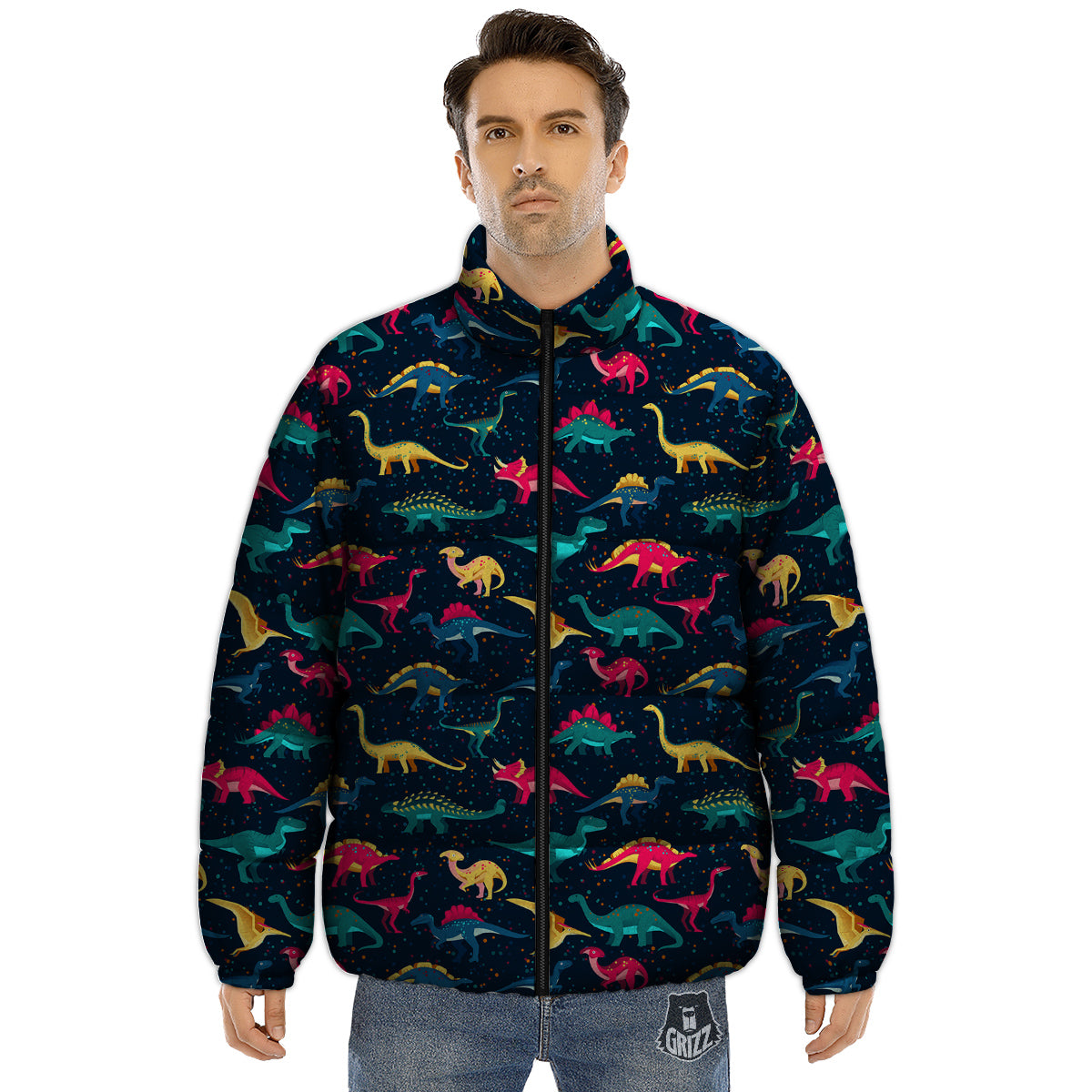 Dinosaur Colorful Print Pattern Puffer Jacket-grizzshop