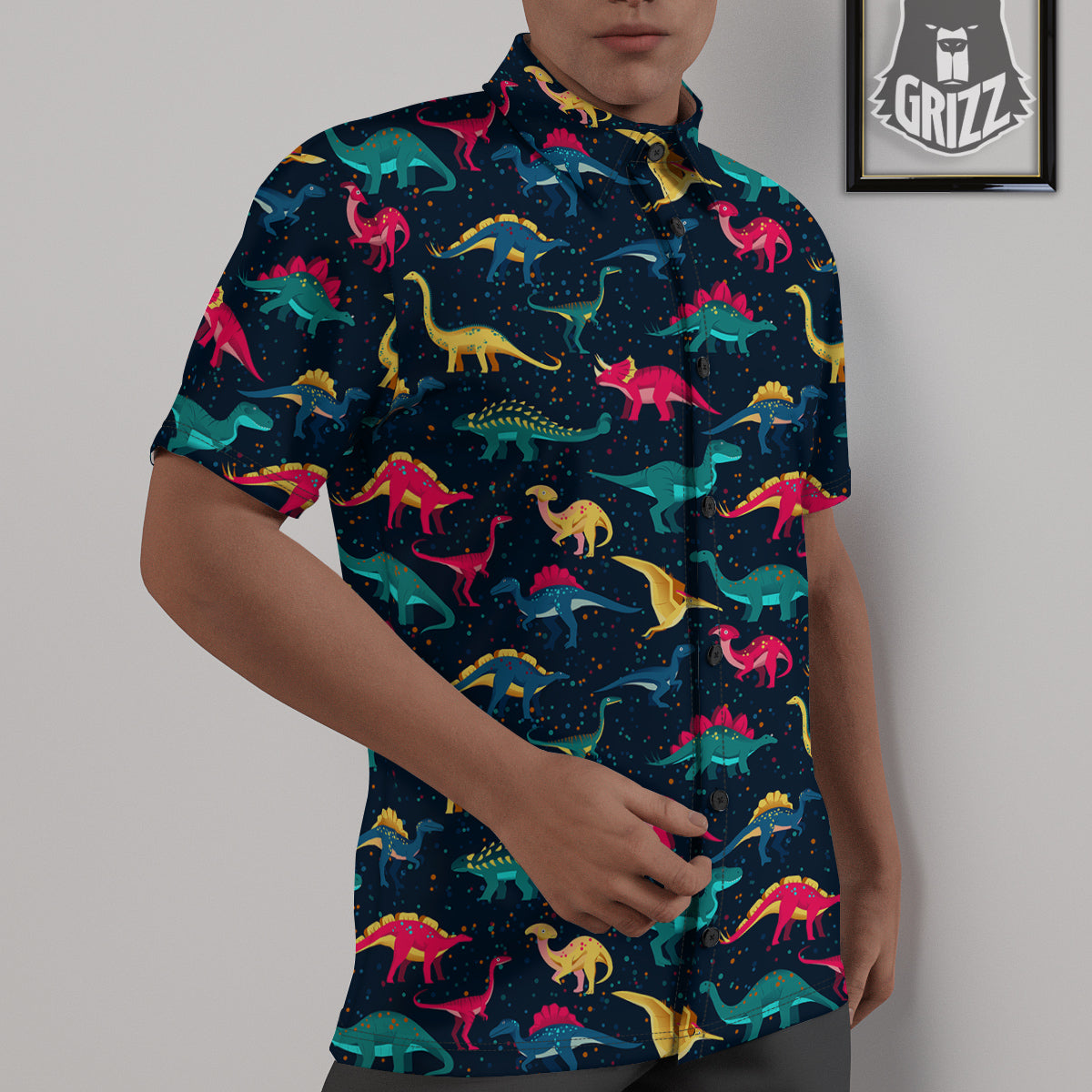 Dinosaur Colorful Print Pattern Untucked Shirts-grizzshop