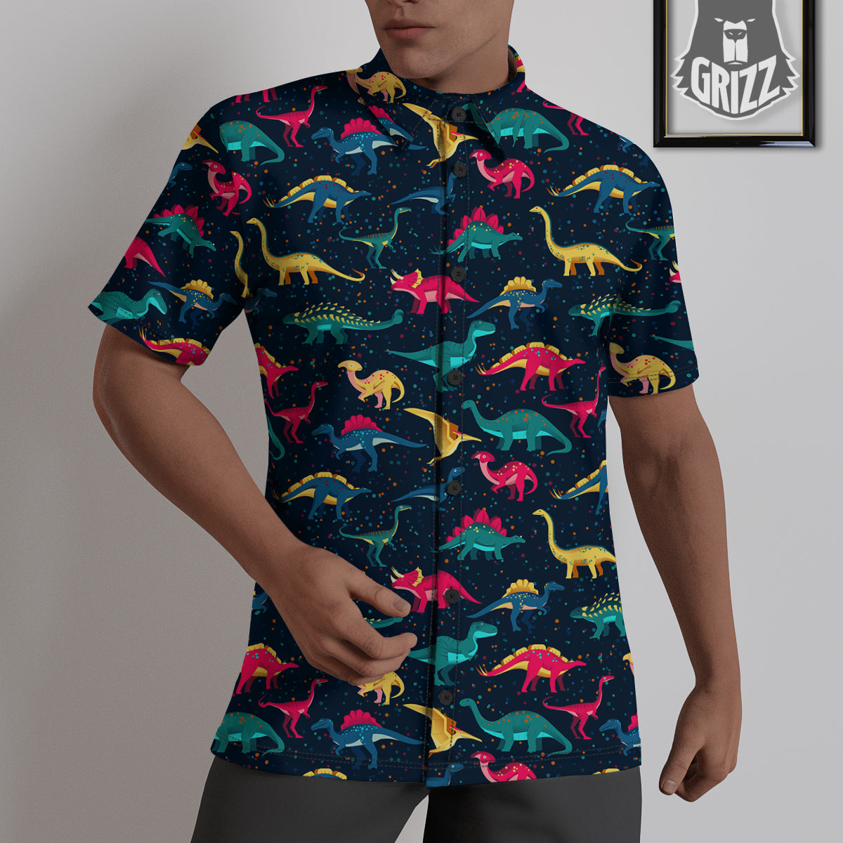 Dinosaur Colorful Print Pattern Untucked Shirts-grizzshop