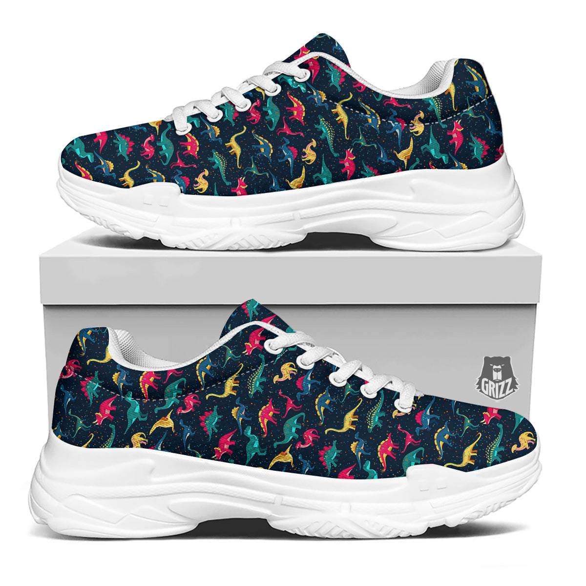 Dinosaur Colorful Print Pattern White Chunky Shoes-grizzshop