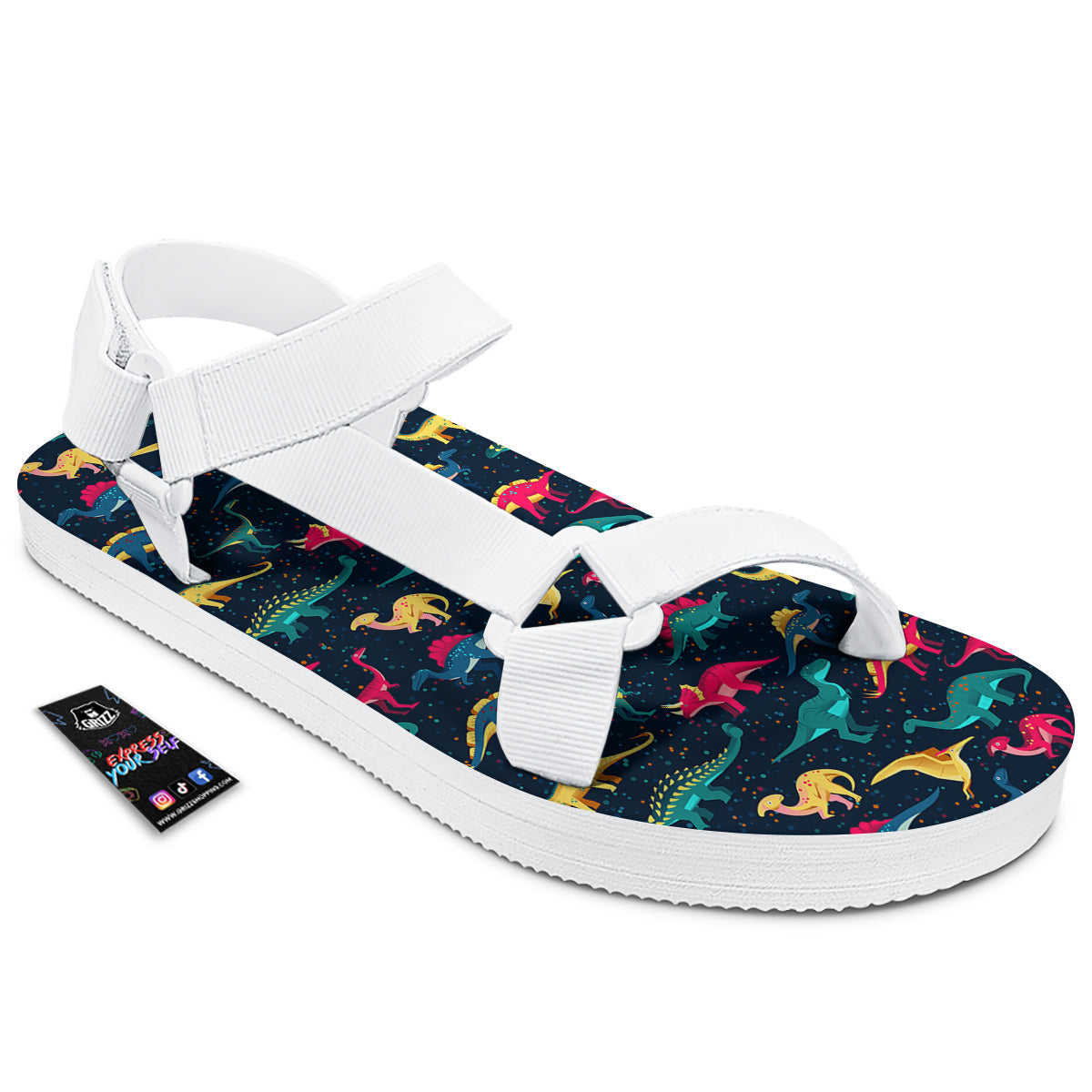 Dinosaur Colorful Print Pattern White Open Toe Sandals-grizzshop