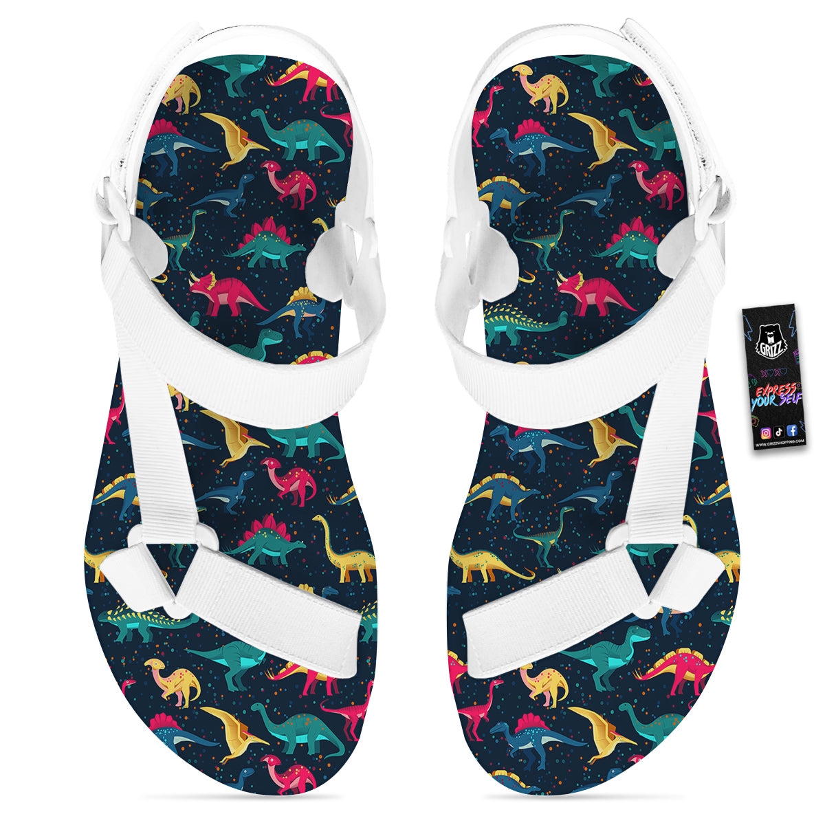 Dinosaur Colorful Print Pattern White Open Toe Sandals-grizzshop