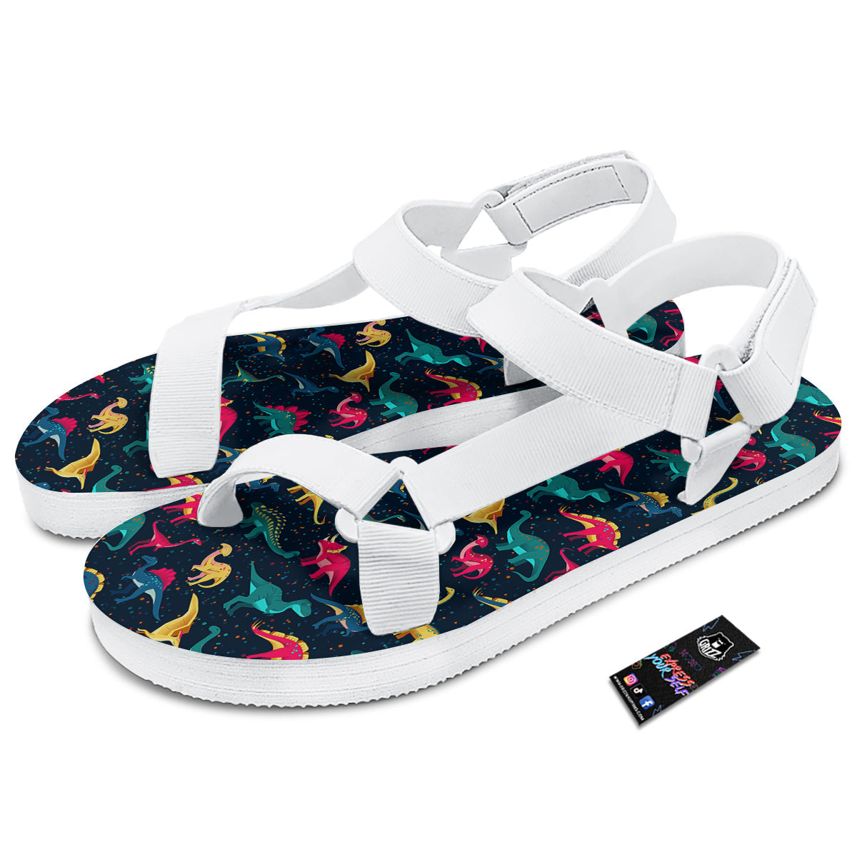 Dinosaur Colorful Print Pattern White Open Toe Sandals-grizzshop