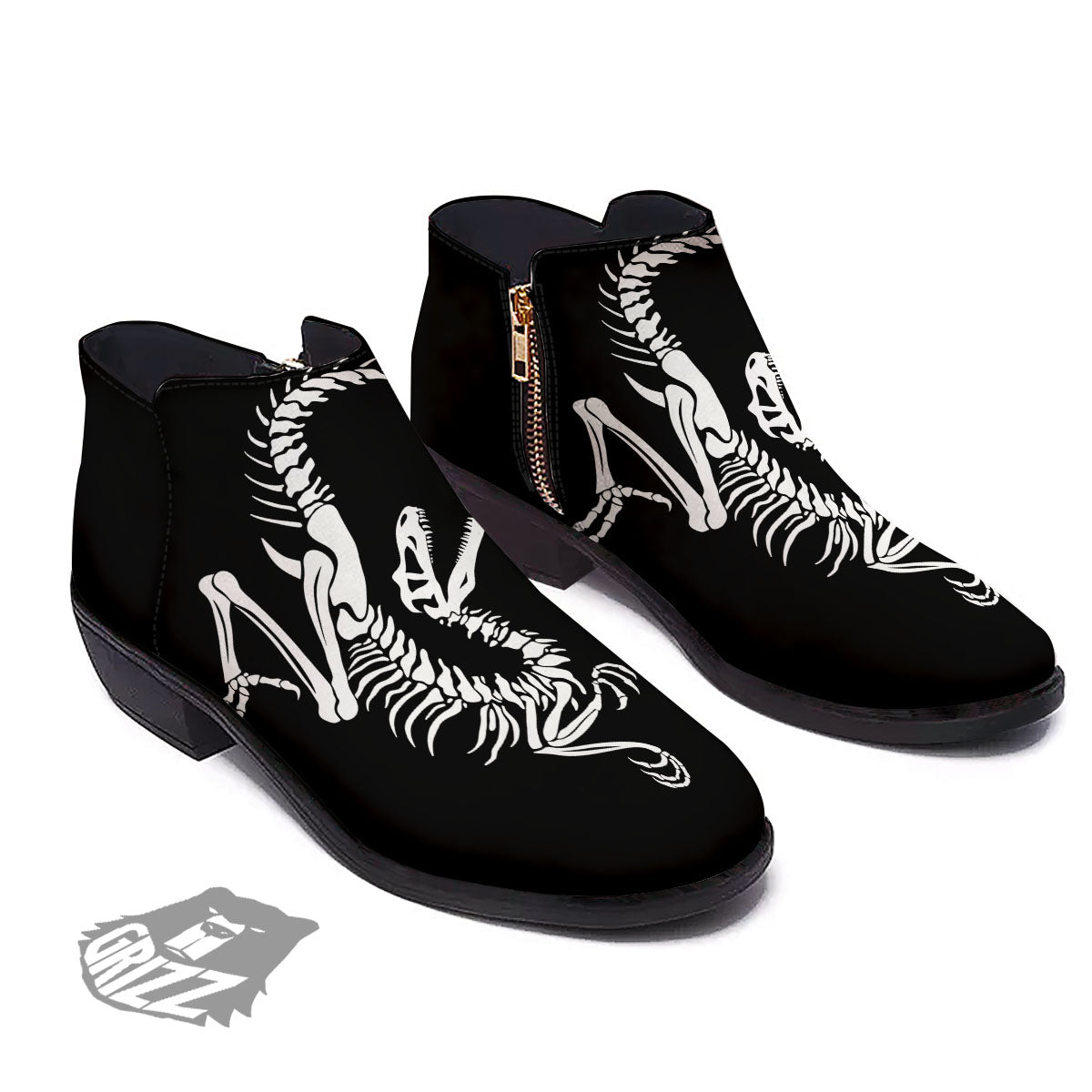 Dinosaur Fossil White And Black Print Ankle Boots-grizzshop