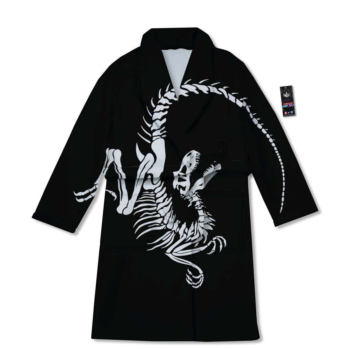 Dinosaur Fossil White And Black Print Bathrobe-grizzshop