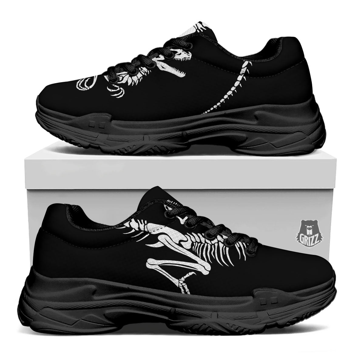 Dinosaur Fossil White And Black Print Black Chunky Shoes-grizzshop