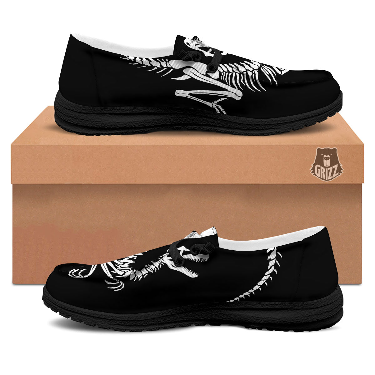 Dinosaur Fossil White And Black Print Black Loafers-grizzshop