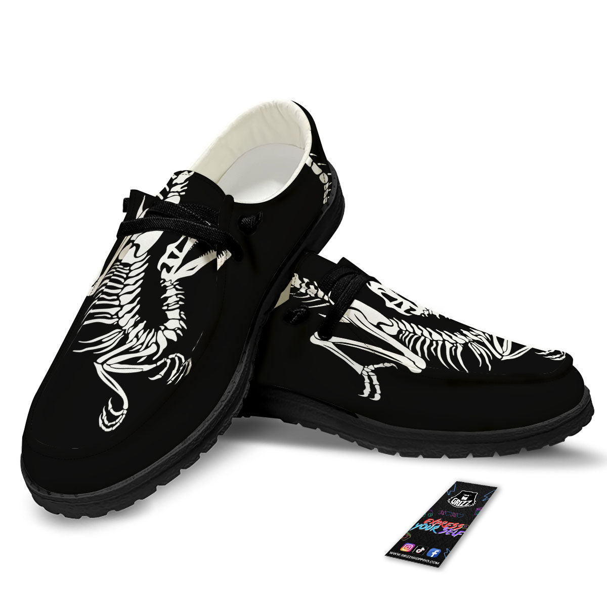 Dinosaur Fossil White And Black Print Black Loafers-grizzshop