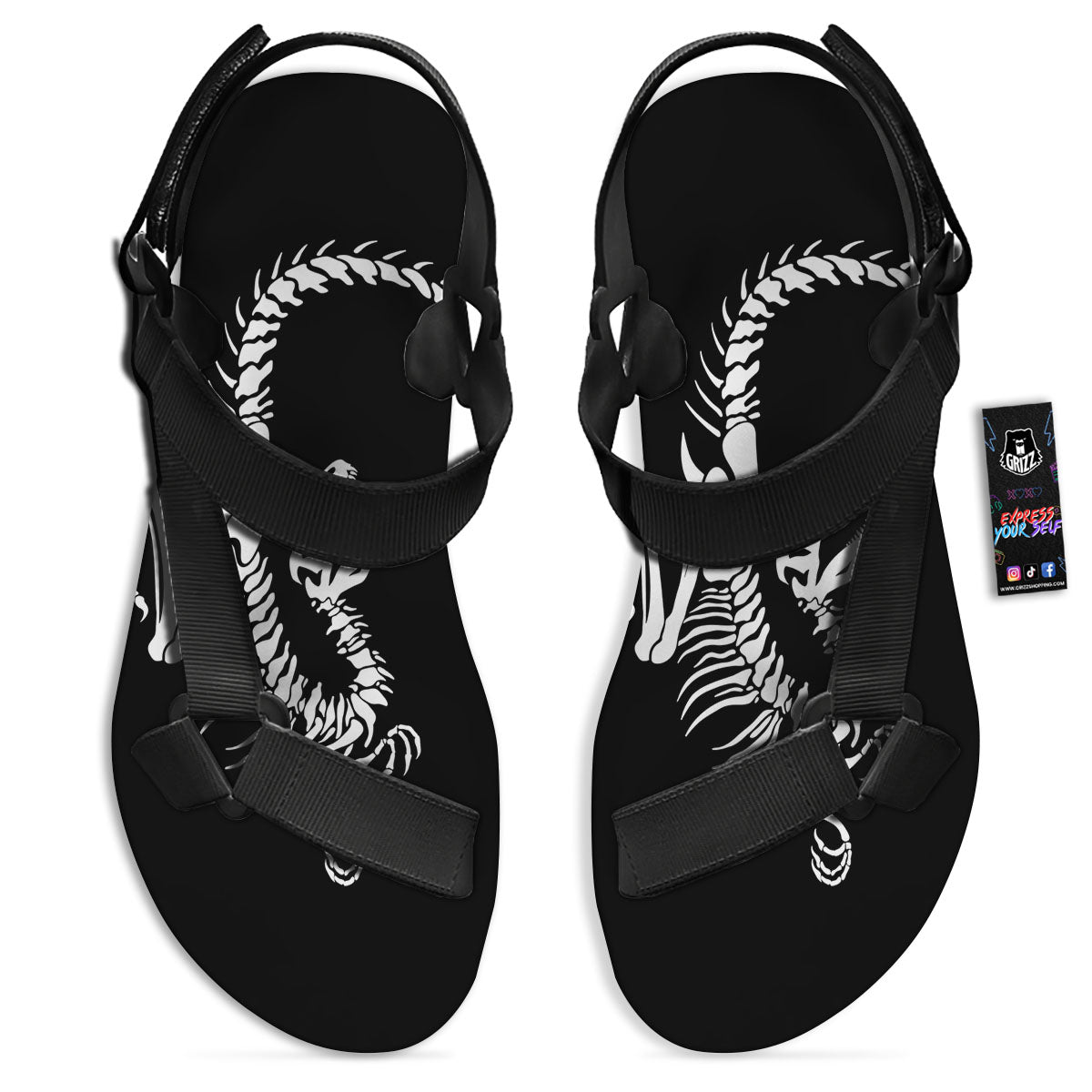 Dinosaur Fossil White And Black Print Black Open Toe Sandals-grizzshop