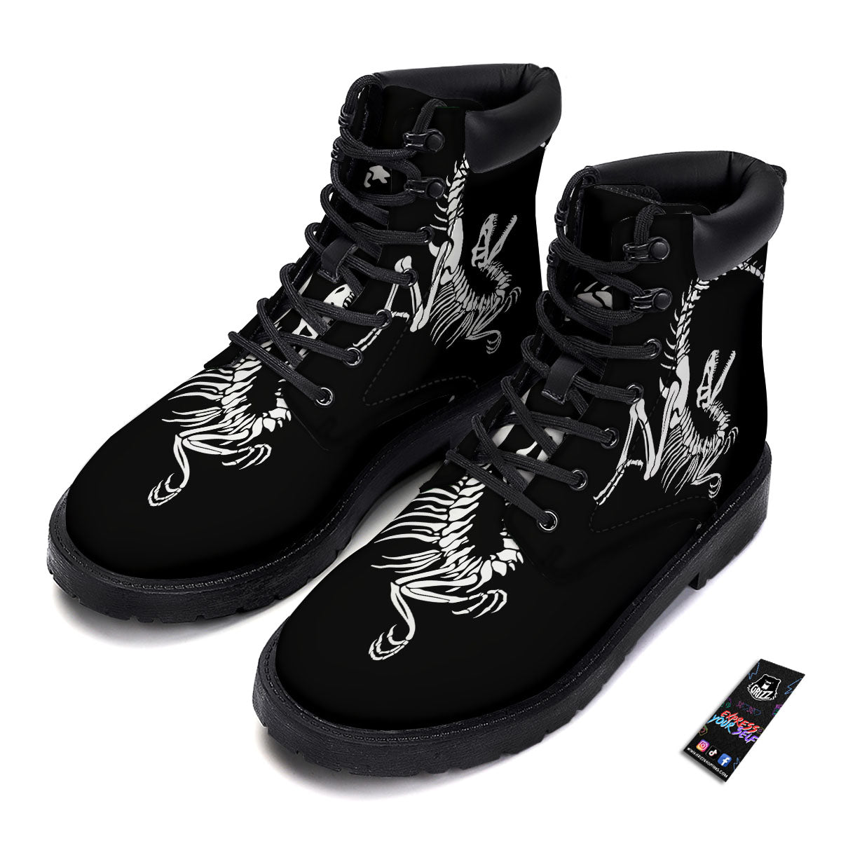 Dinosaur Fossil White And Black Print Boots-grizzshop