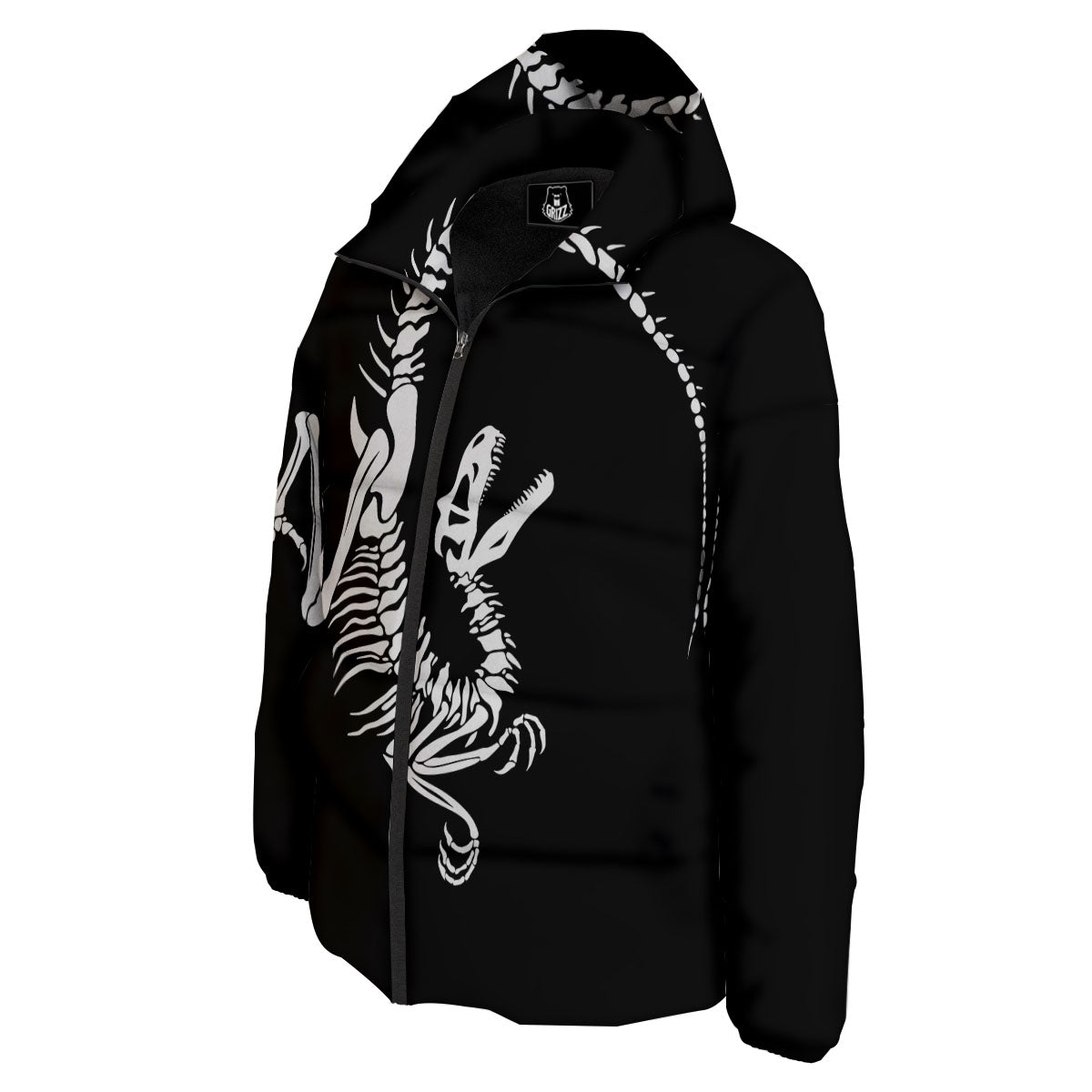 Dinosaur Fossil White And Black Print Down Jacket-grizzshop