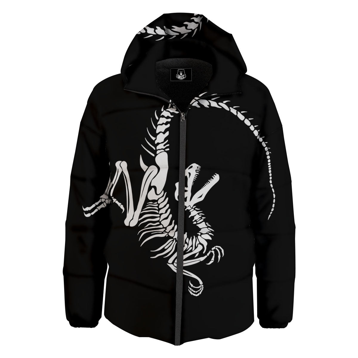 Dinosaur Fossil White And Black Print Down Jacket-grizzshop